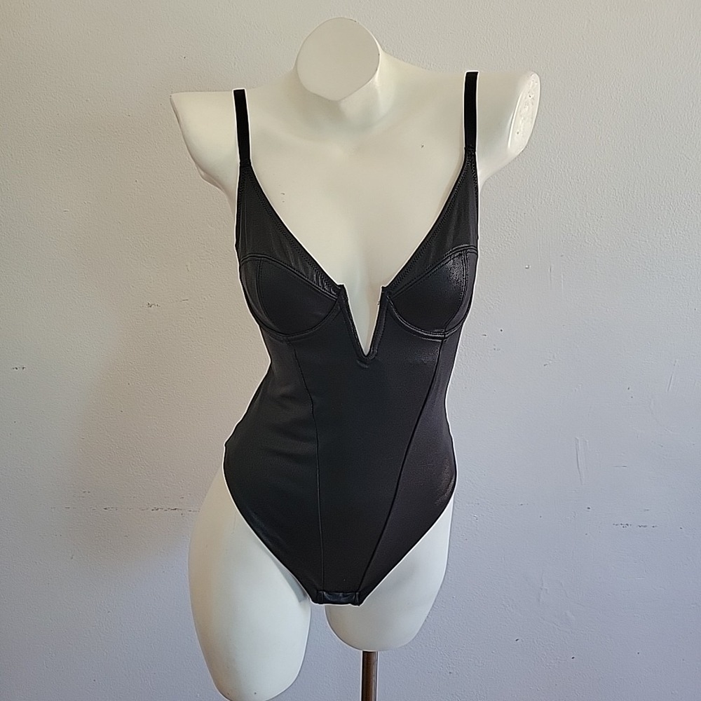Popilush Plunging V Corset Bodysuit Small Black Faux Leather Thong Tummy Control